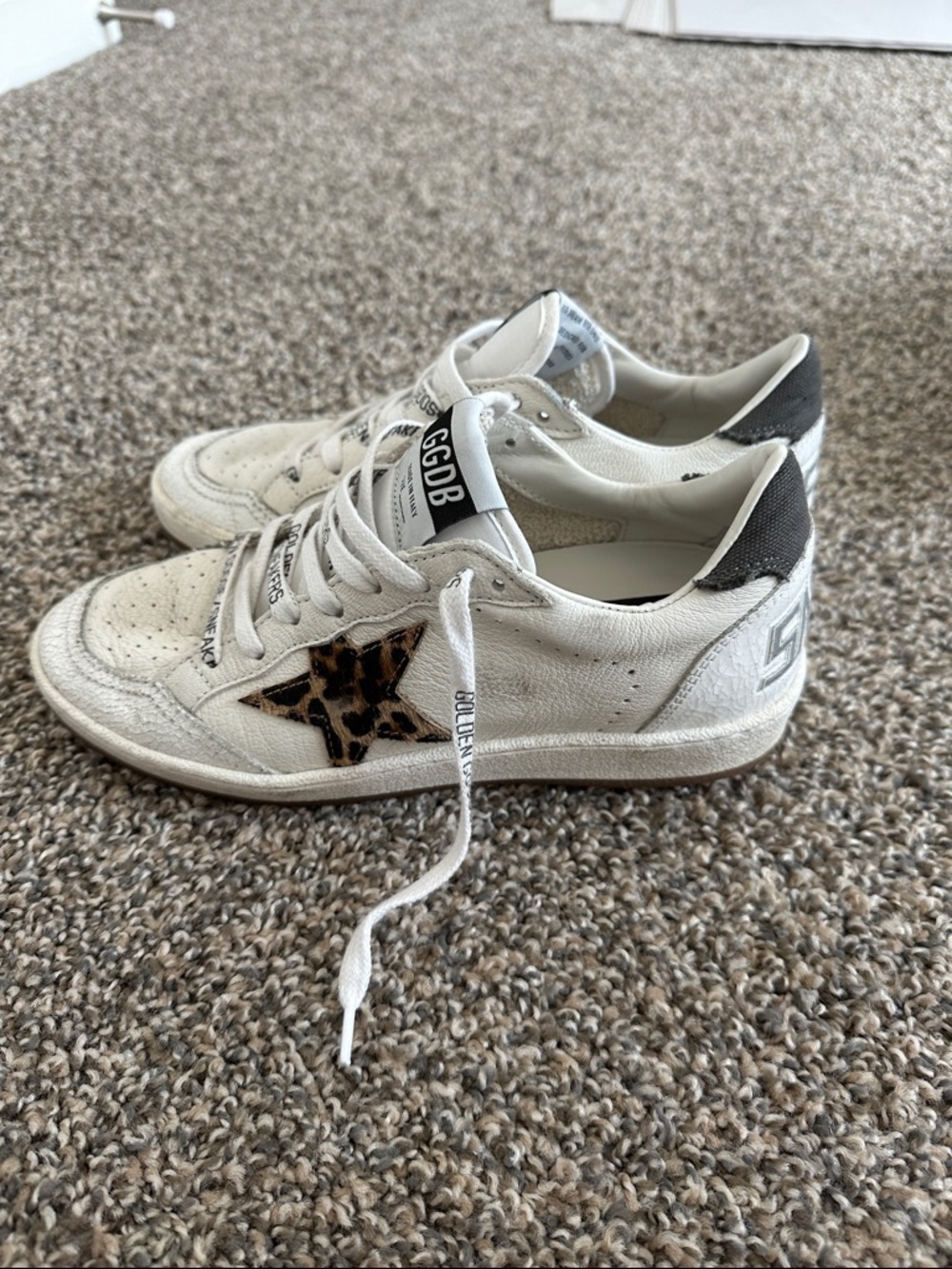Golden Goose White Leather Sneakers with Leopard Star and Black Heel Tab